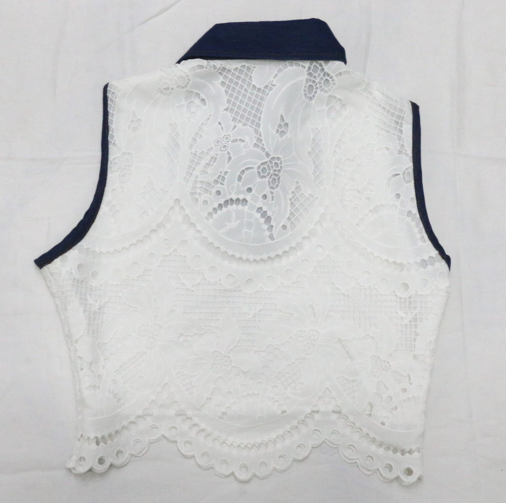 CR2149 UPCYCLED LACE & DENIM COLLAR CROP TOP
