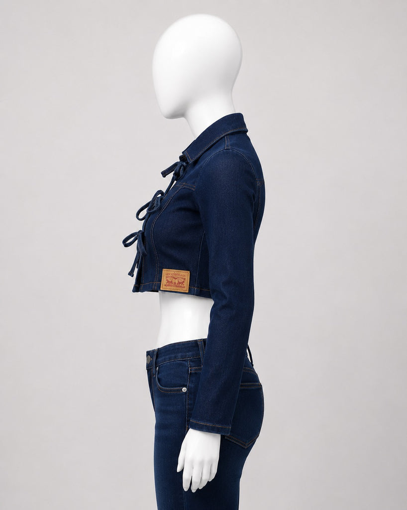 CR1823 UPCYCLED TIE-FRONT DENIM CROP JACKET