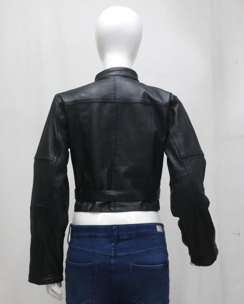 CR2057 UPCYCLED HARLEY-STYLE CROPPED MOTO LEATHER JACKET