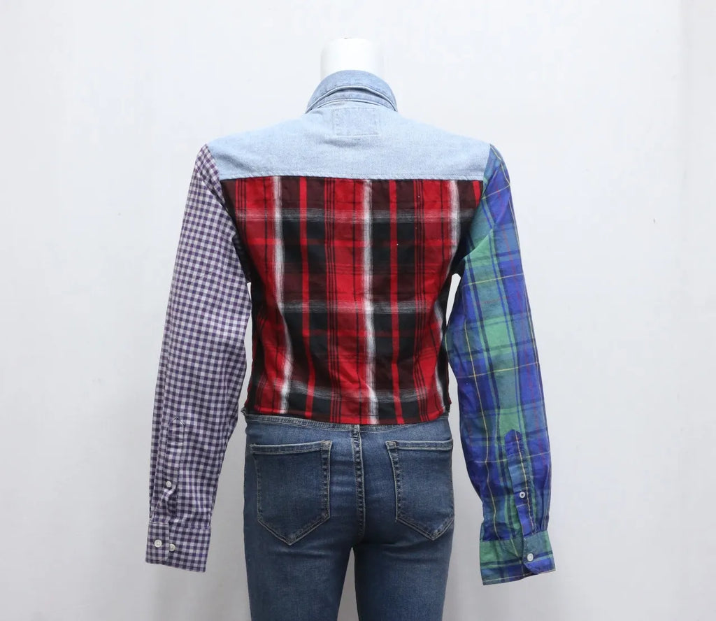 CR646 Upcycled Denim x Flannel Fusion Crop Jacket
