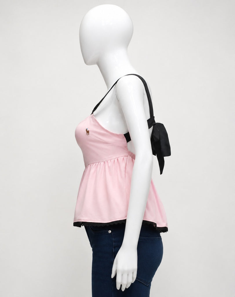 CR1920 UPCYCLED OPEN-BACK TIE PEPLUM TOP