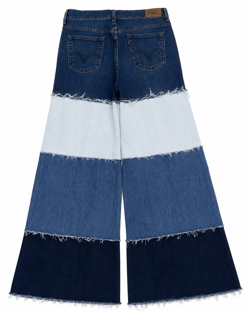 CR2076 UPCYCLED TIERED COLOR-BLOCK DENIM FLARE JEANS