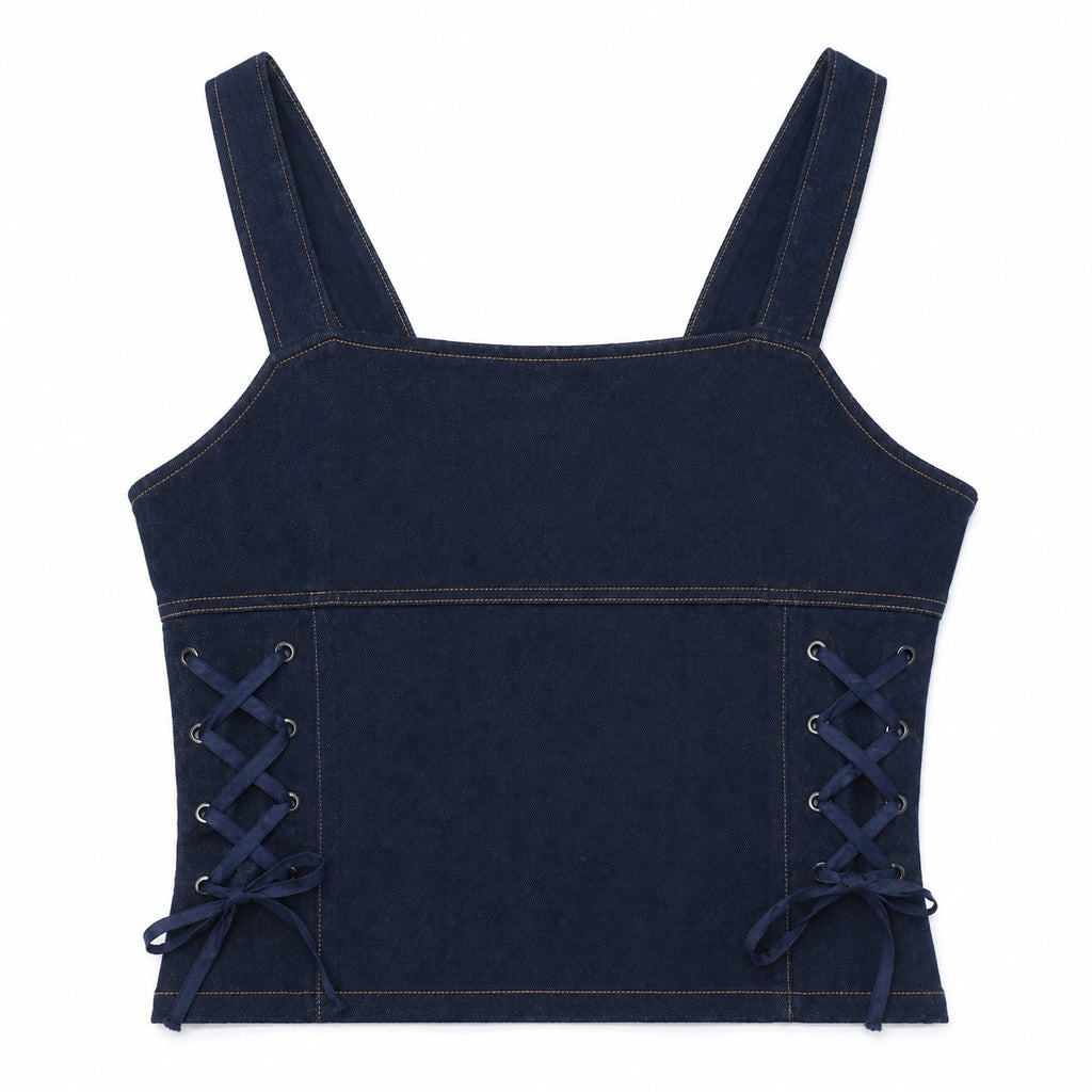CR2070 UPCYCLED CORSET LACE-UP DENIM CAMISOLE TOP