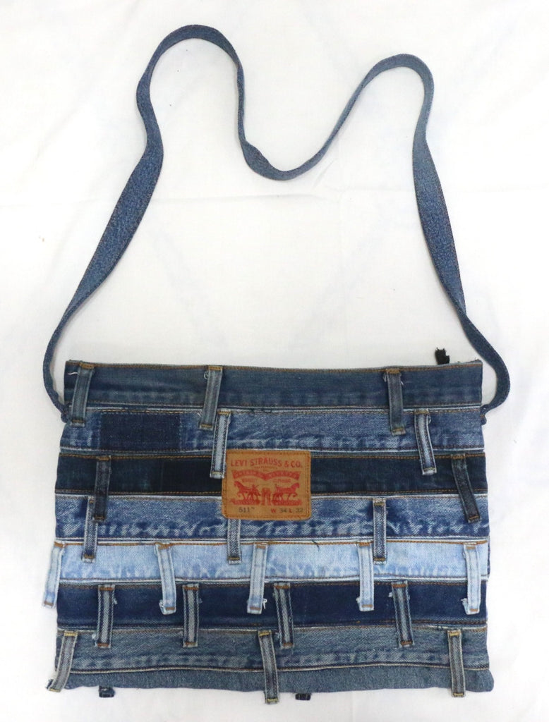 CR2014 UPCYCLED DENIM STRIP CROSSBODY BAG