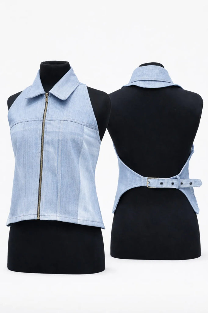 CR1428 Rework Denim Halter Vest Top – Open Back Buckle Style (Vintage Wash Mix)