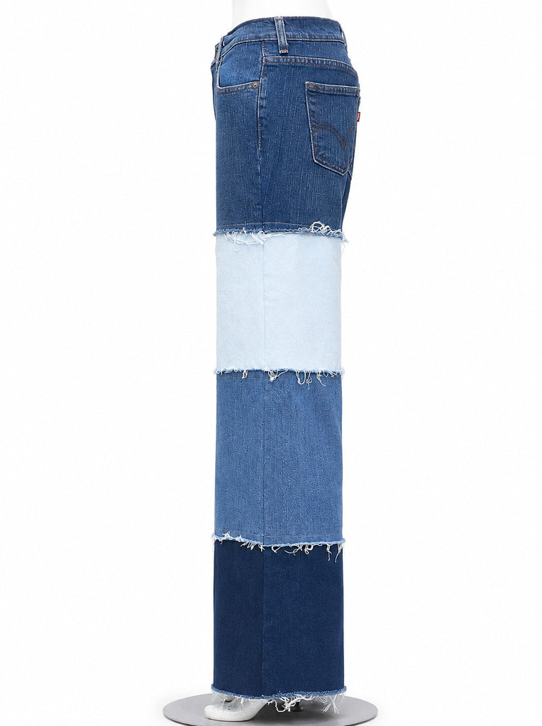 CR2076 UPCYCLED TIERED COLOR-BLOCK DENIM FLARE JEANS