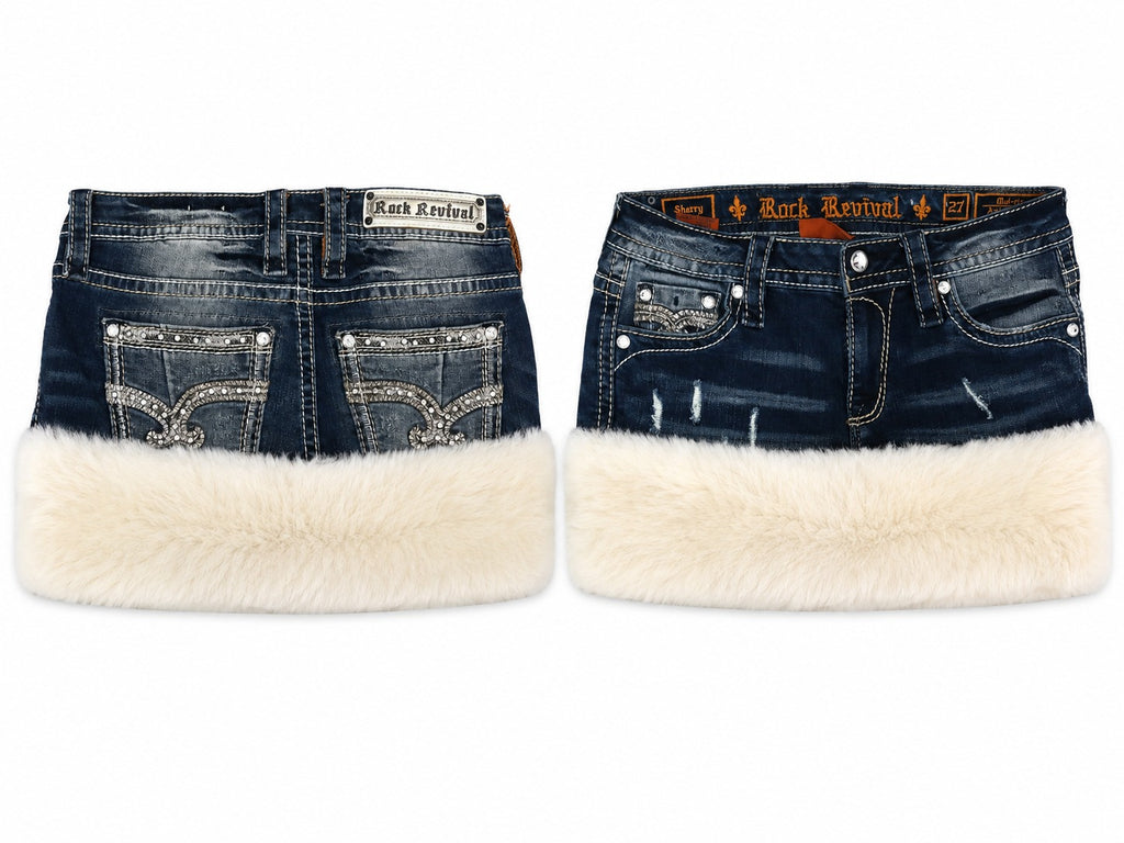 CR1899 UPCYCLED FUR DENIM MINI SKIRT
