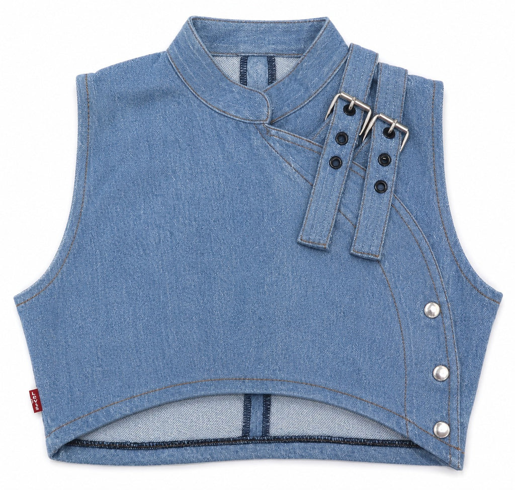 CR1912 UPCYCLED BUCKLE DETAIL DENIM CROP TOP
