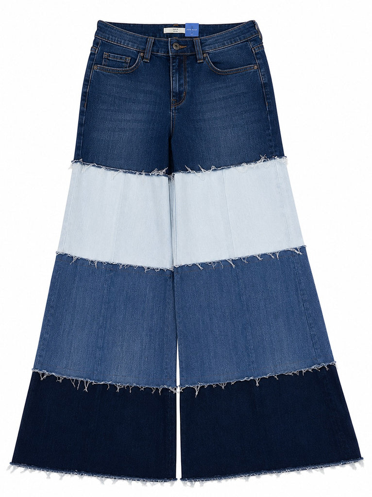 CR2076 UPCYCLED TIERED COLOR-BLOCK DENIM FLARE JEANS