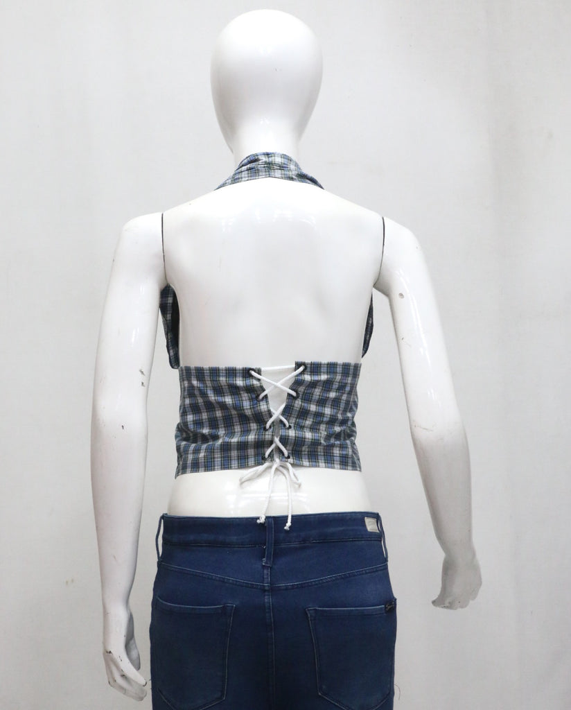 CR1945 UPCYCLED PLAID HALTER CORSET TOP