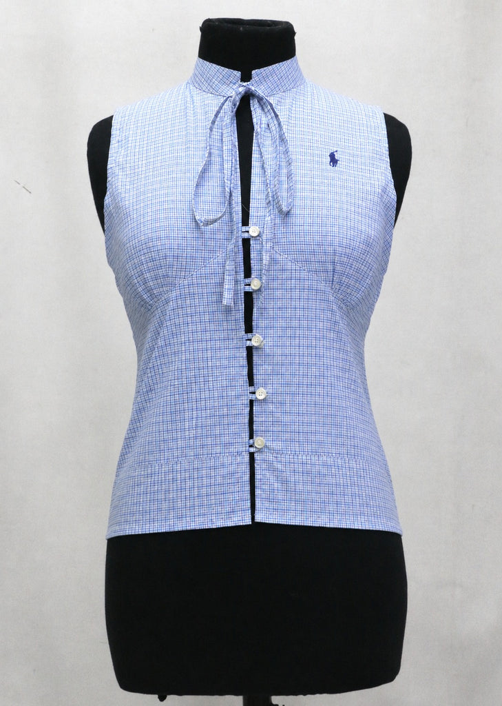 CR1909 UPCYCLED TIE-NECK SLEEVELESS SHIRT