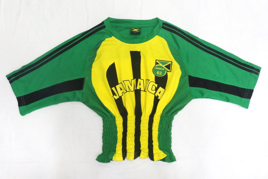 CR2153 UPCYCLED JAMAICA FOOTBALL SHIRRED JERSEY TOP