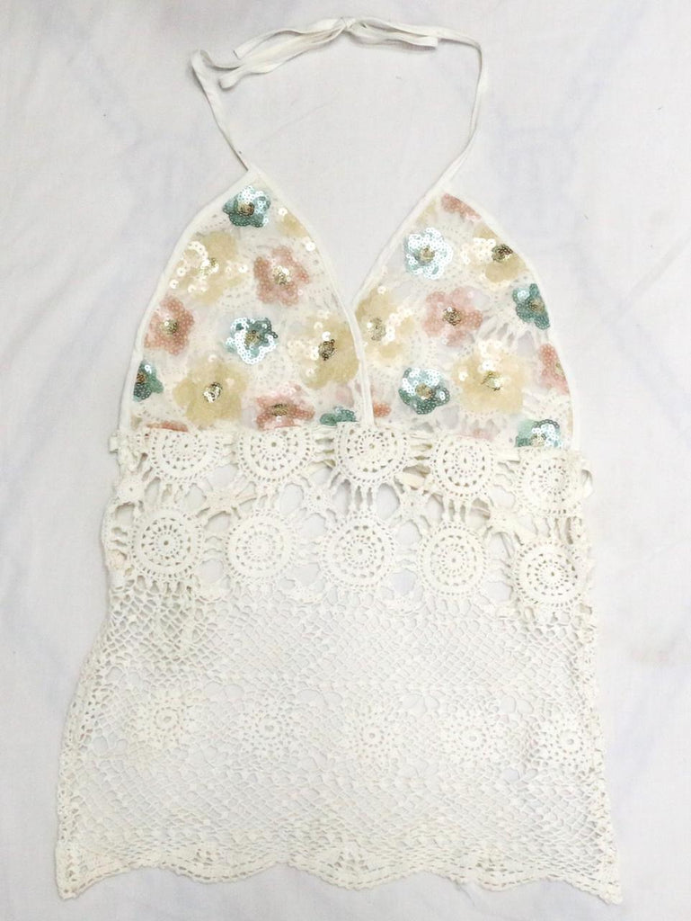 CR1883 UPCYCLED CROCHET LACE HALTER TOP