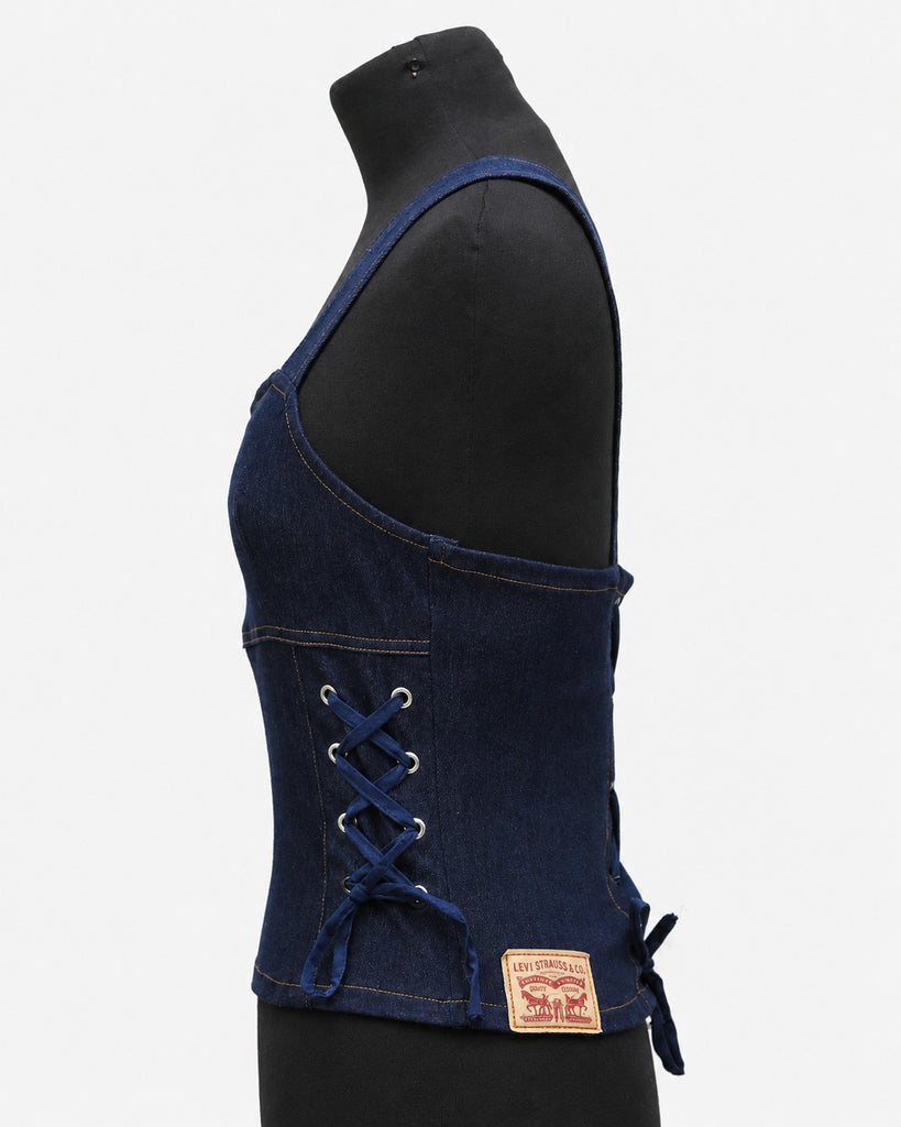 CR2070 UPCYCLED CORSET LACE-UP DENIM CAMISOLE TOP
