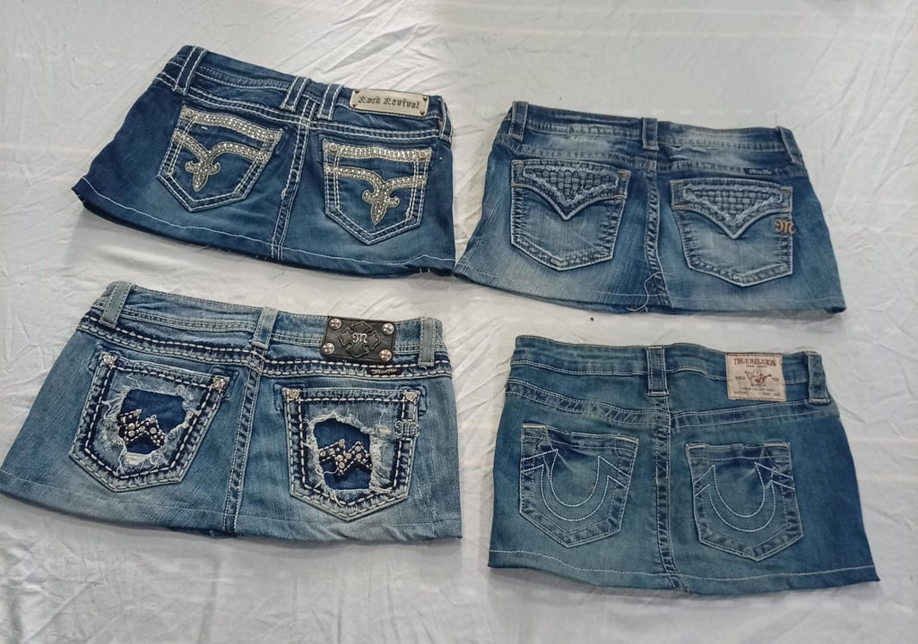 CR10923 Upcycled Mix-Branded Mini Denim Skirts