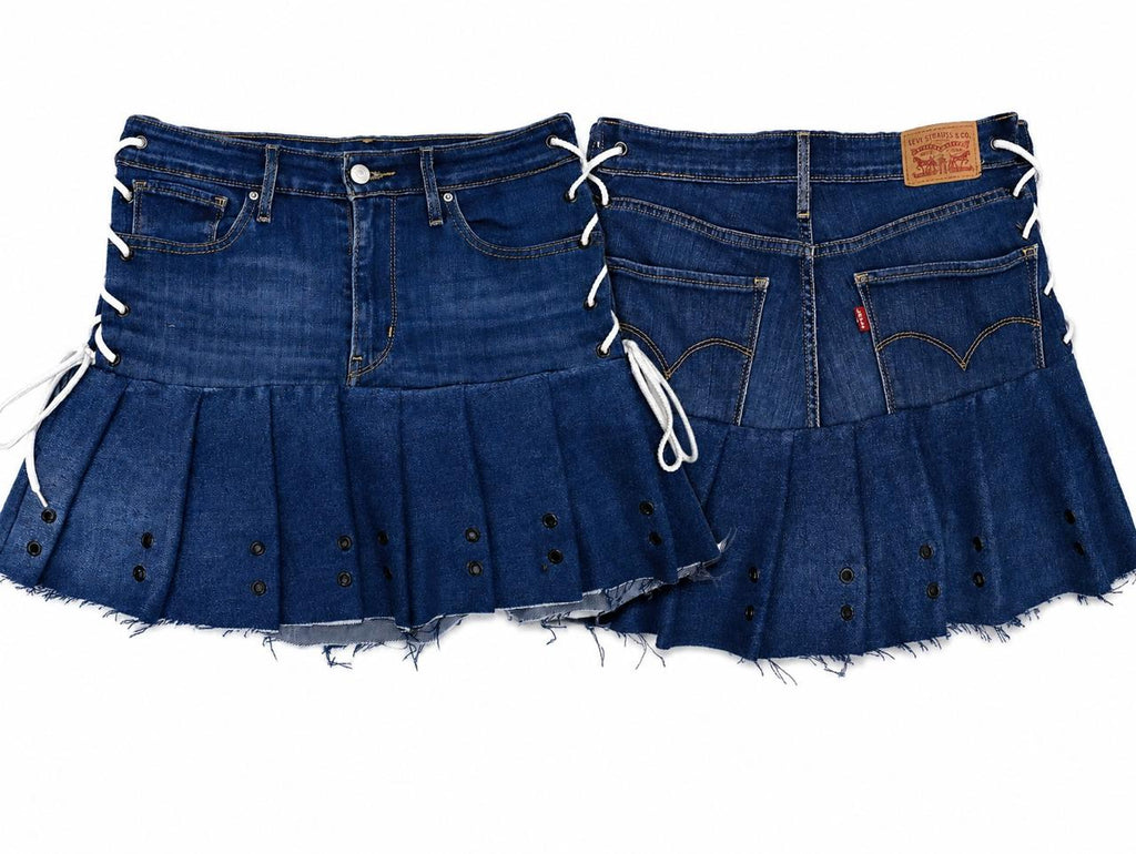 CR1861 UPCYCLED LACE-UP DENIM PLEATED MINI SKIRT