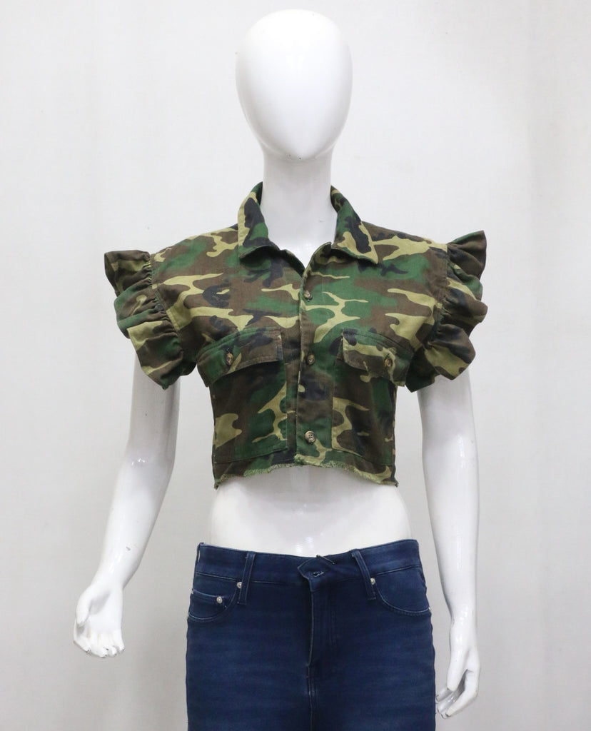 CR2029 UPCYCLED CAMO RUFFLE CROPPED SHIRT