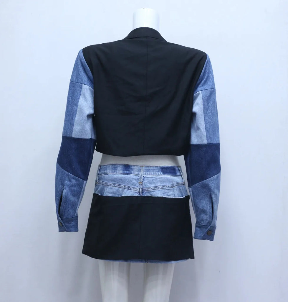 CR600 Upcycled Denim Fusion Set – Cropped Blazer & Mini Skirt