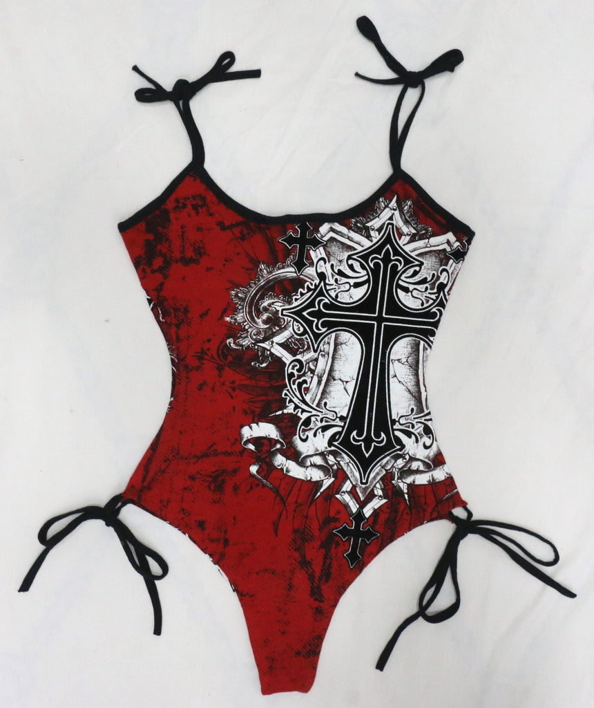 CR1910 UPCYCLED SKULL TIE-SIDE BODYSUIT