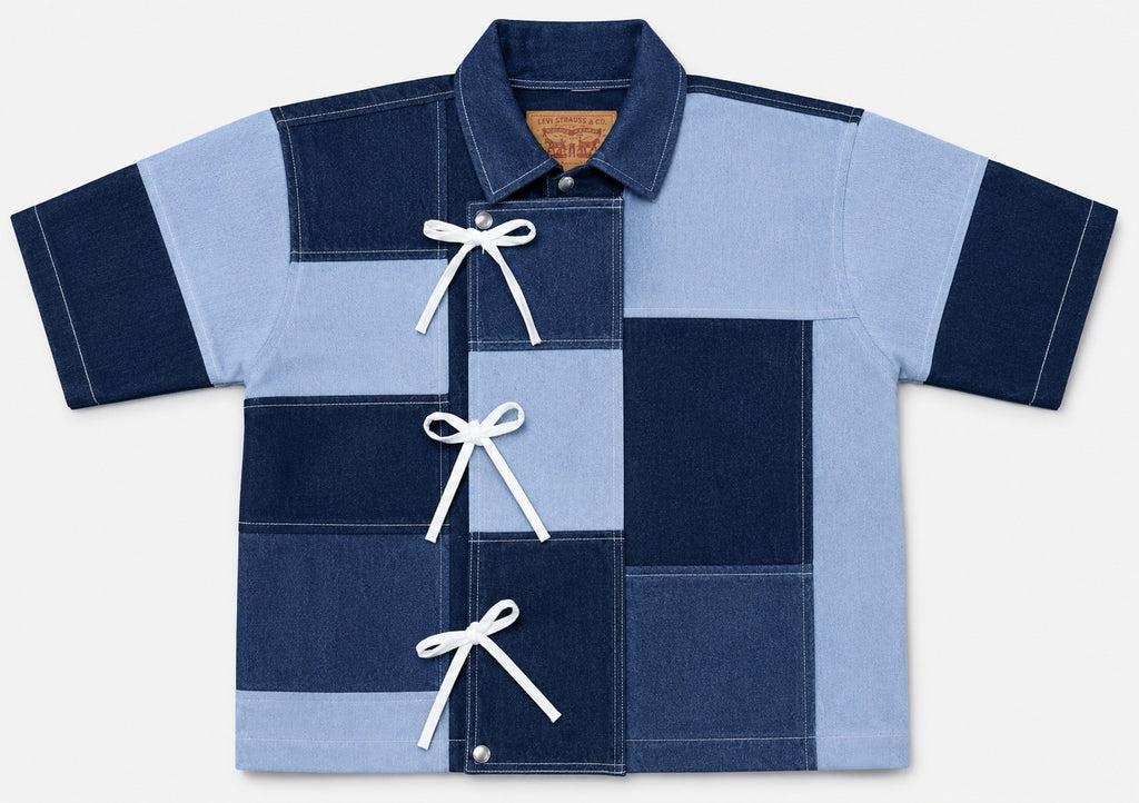CR1832 UPCYCLED PATCHWORK BOW DENIM SHIRT