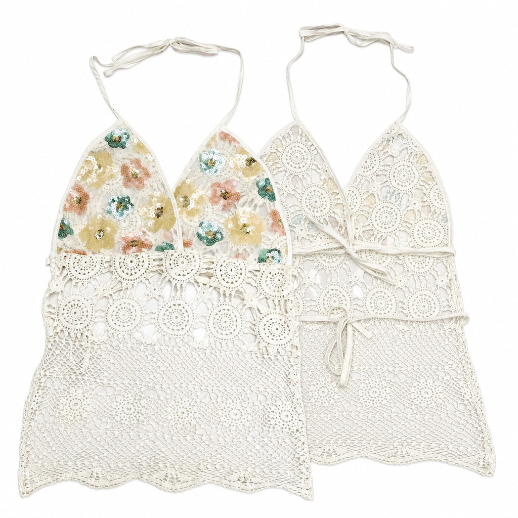 CR1882 UPCYCLED CROCHET LACE HALTER TOP