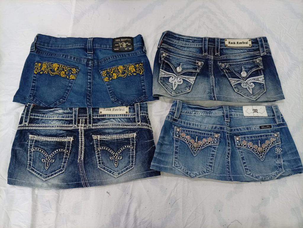 CR9721 Upcycled Mix Branded Mini Denim Skirts