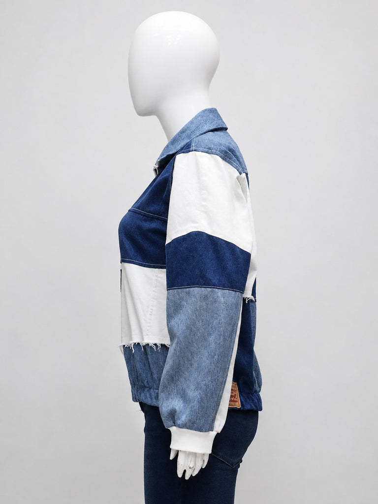 CR2154 UPCYCLED PATCHWORK DENIM HALF-ZIP JACKET