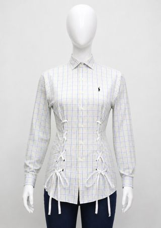 CR2054 UPCYCLED LACE-UP WAIST PLAID SHIRT
