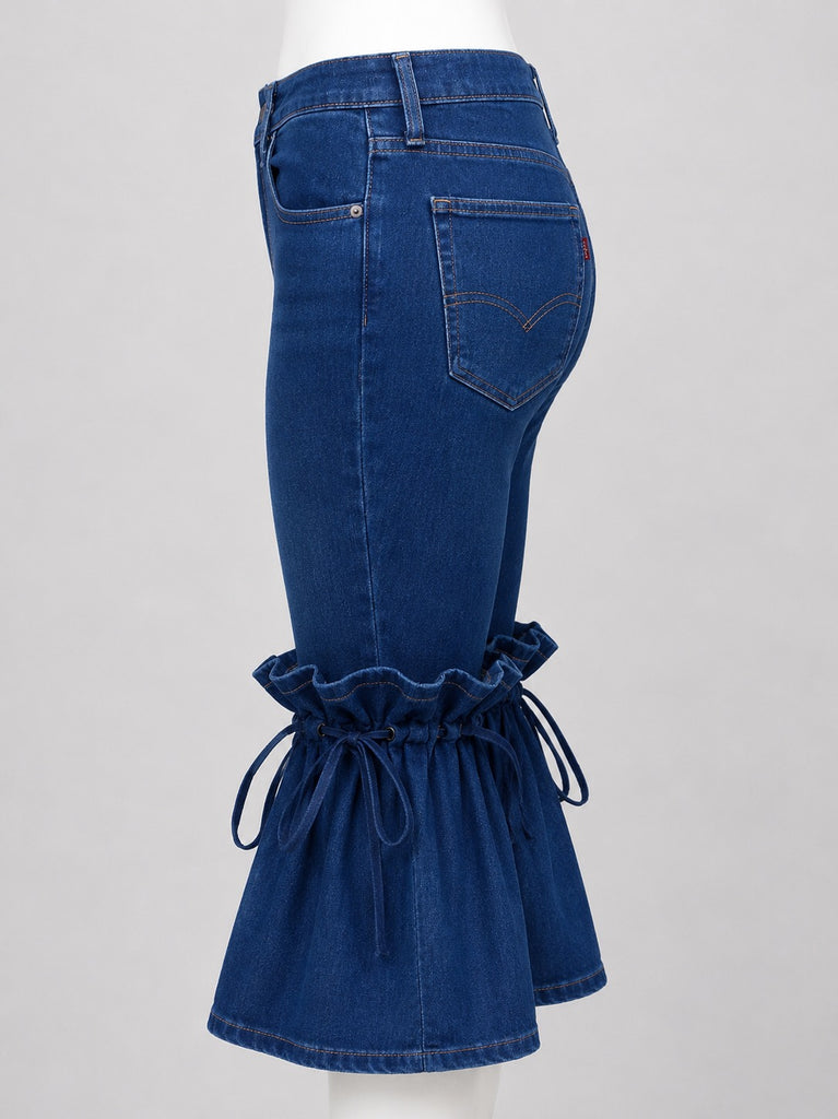 CR1806 UPCYCLED TIE-FLARE DENIM CAPRI