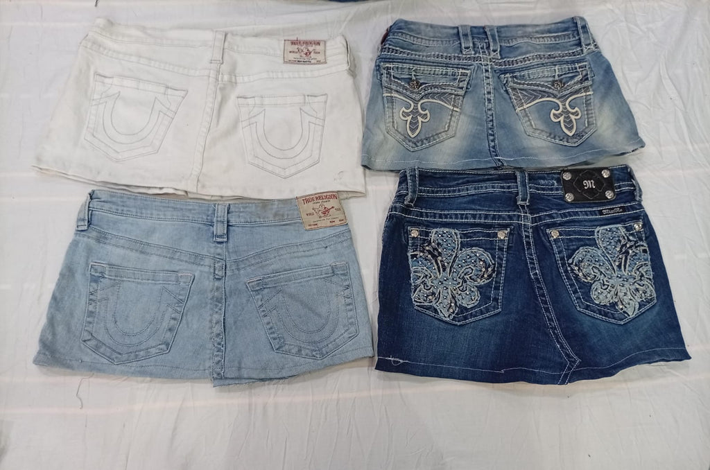 CR10485 Upcycled Mix Branded Mini Denim Skirts
