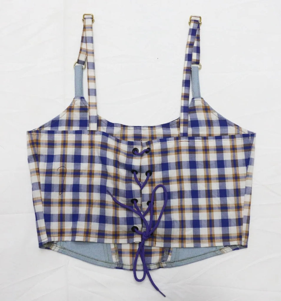 CR1540 Upcycled Denim & Plaid Corset Top