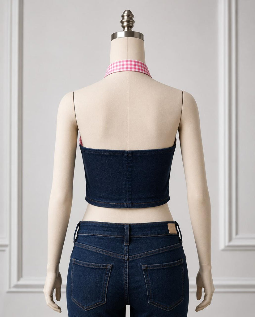CR1859 Upcycled Denim Gingham Halter Top