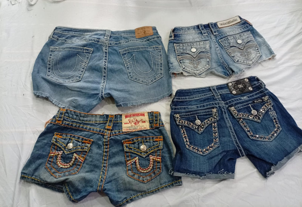 CR11032 Upcycled Mix-Branded Mini Denim Shorts