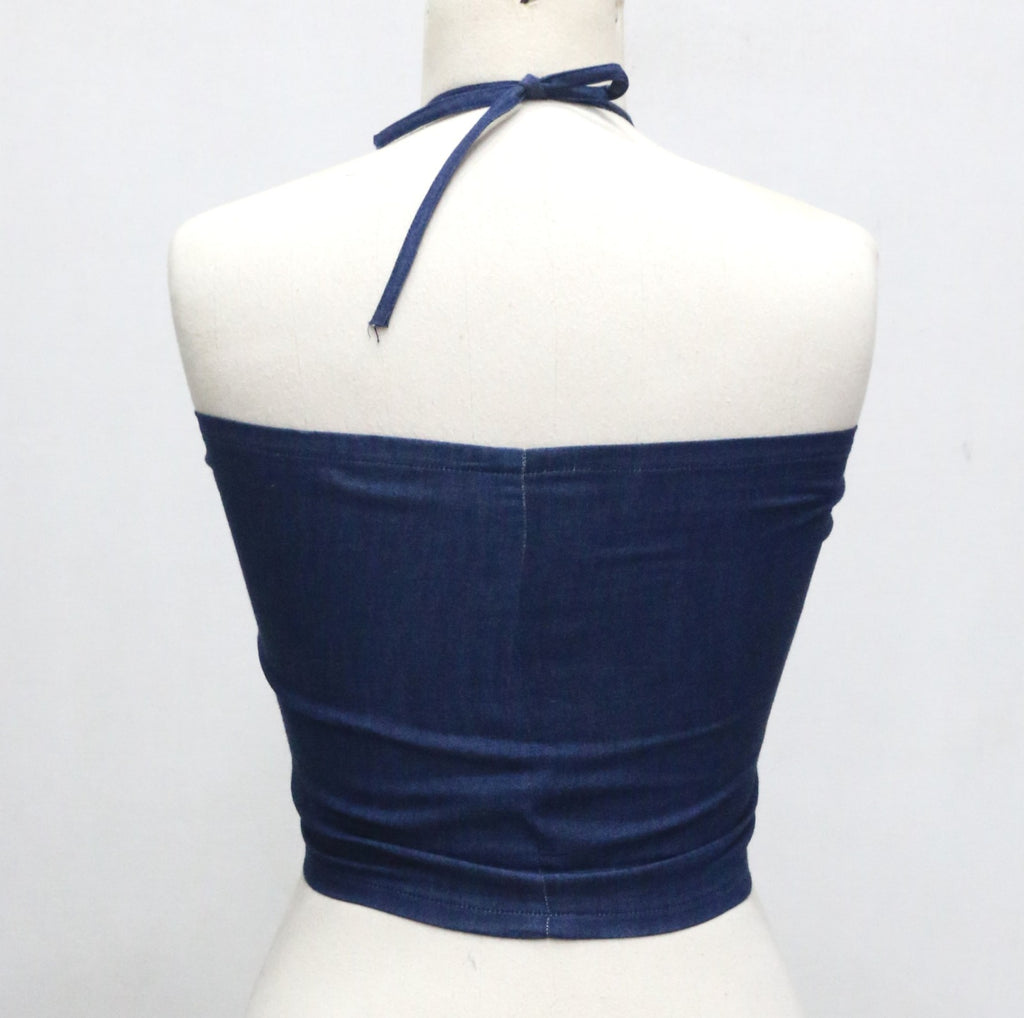 CR1956 UPCYCLED HALTER CUT-OUT CROP TOP