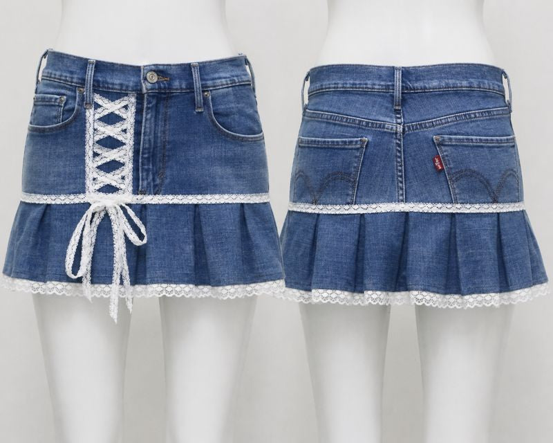 CR1541 Upcycled Denim Lace Mini Skirt