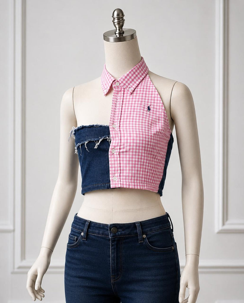 CR1859 Upcycled Denim Gingham Halter Top