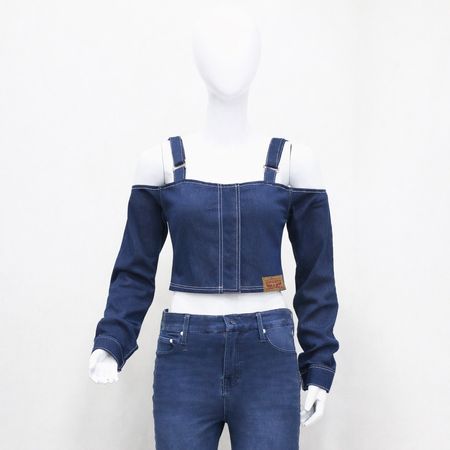 CR2088 Upcycled Denim Strap Crop Top