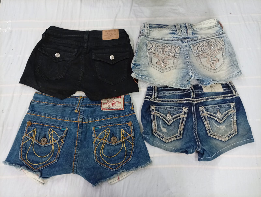 CR10570 Upcycled Mix Branded Mini Denim Shorts