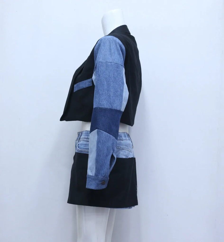 CR600 Upcycled Denim Fusion Set – Cropped Blazer & Mini Skirt