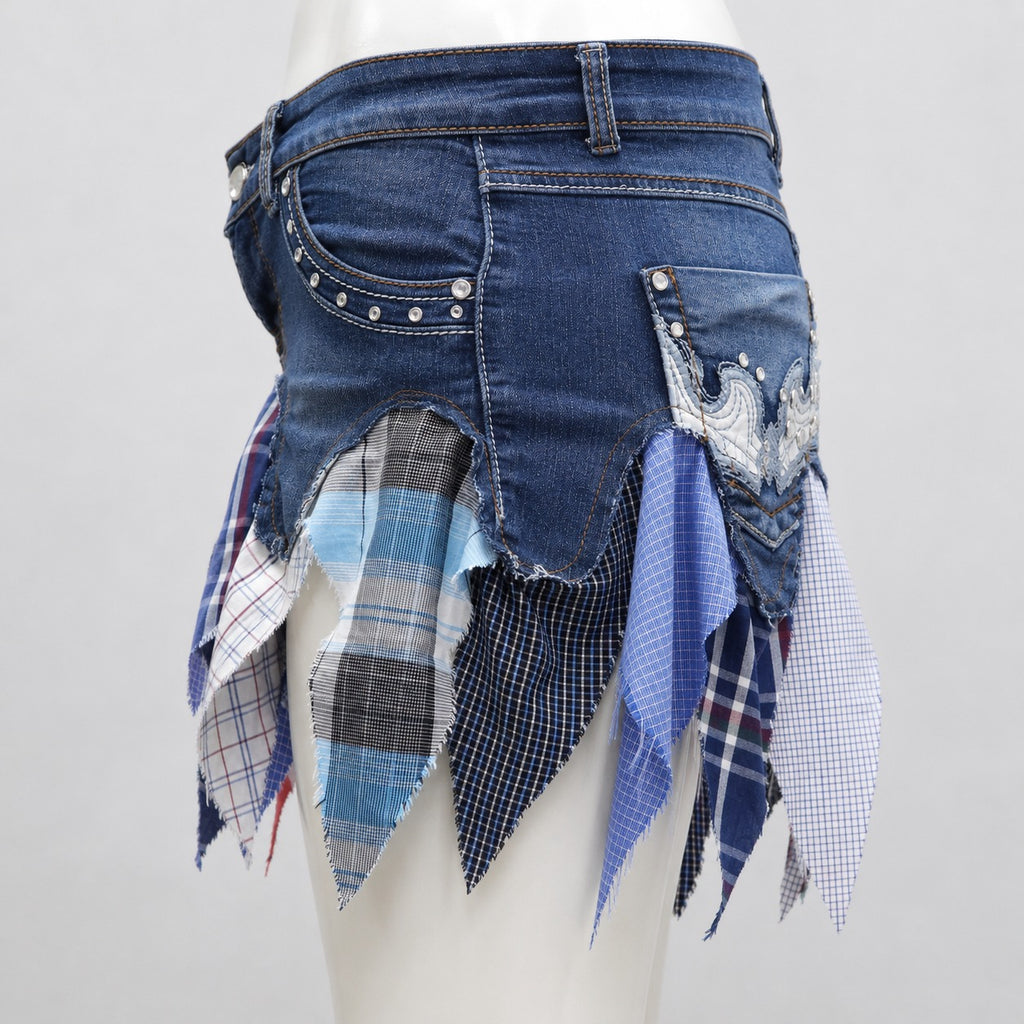 CR1993 UPCYCLED PLAID PANEL DENIM MINI SKIRT