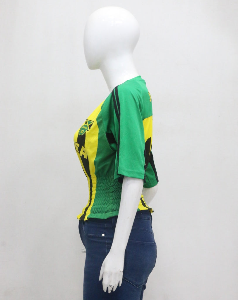 CR2153 UPCYCLED JAMAICA FOOTBALL SHIRRED JERSEY TOP