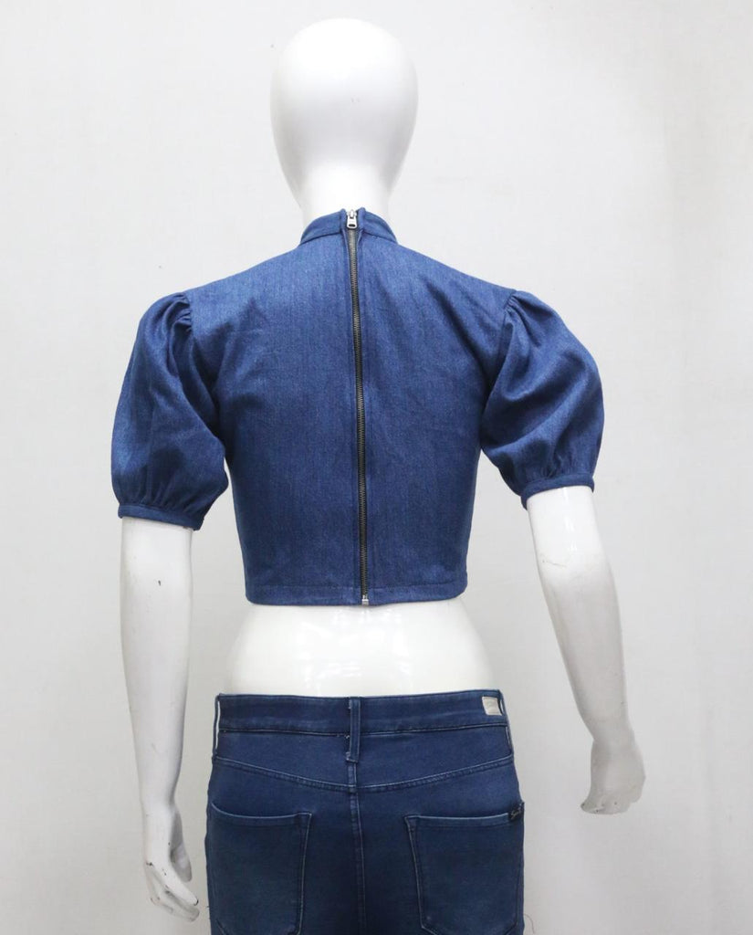 CR2004 UPCYCLED PUFF-SLEEVE KEYHOLE CROP TOP