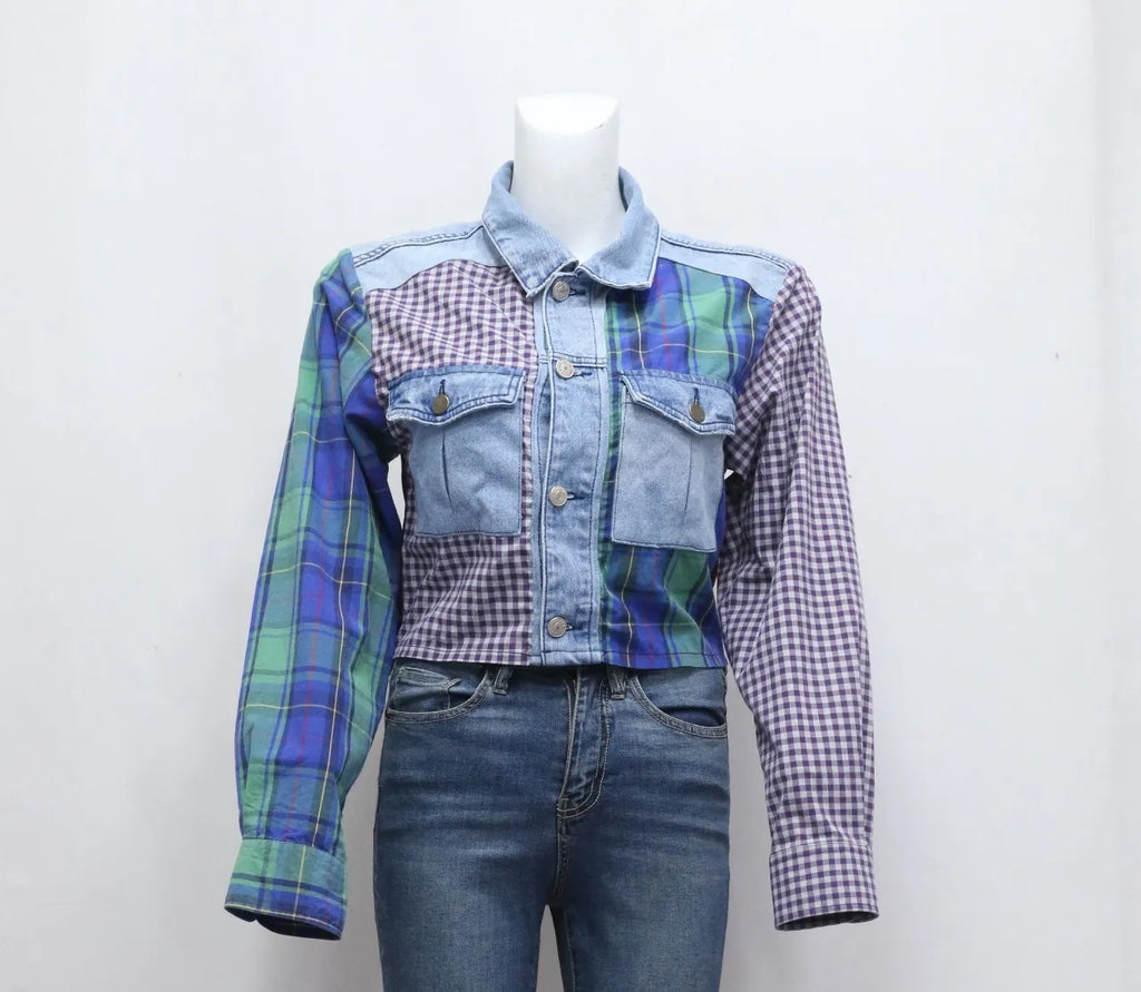 CR646 Upcycled Denim x Flannel Fusion Crop Jacket
