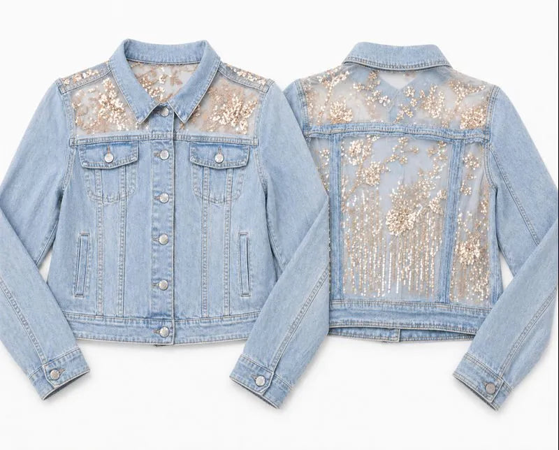 CR1542 Upcycled Embellished Denim Jacket