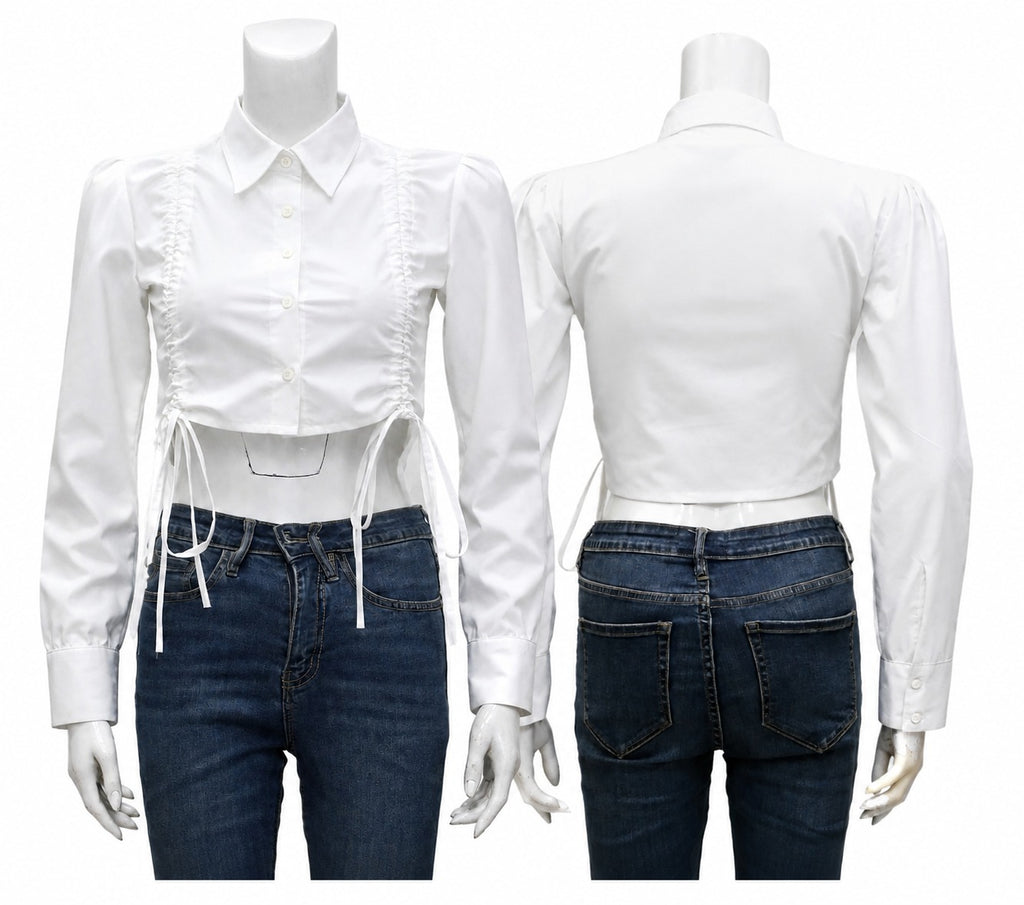 CR2056 UPCYCLED RUCHED SIDE-TIE CROPPED SHIRT