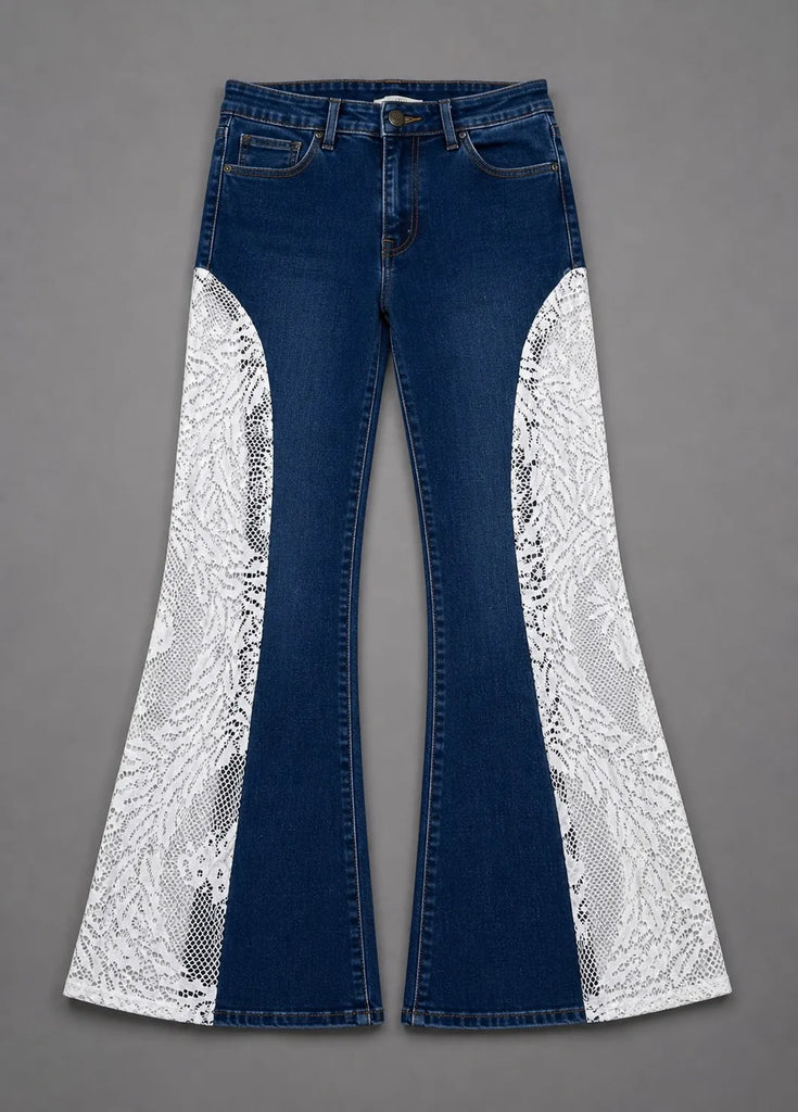 CR1557 Upcycled Lace Panel Flare Jeans