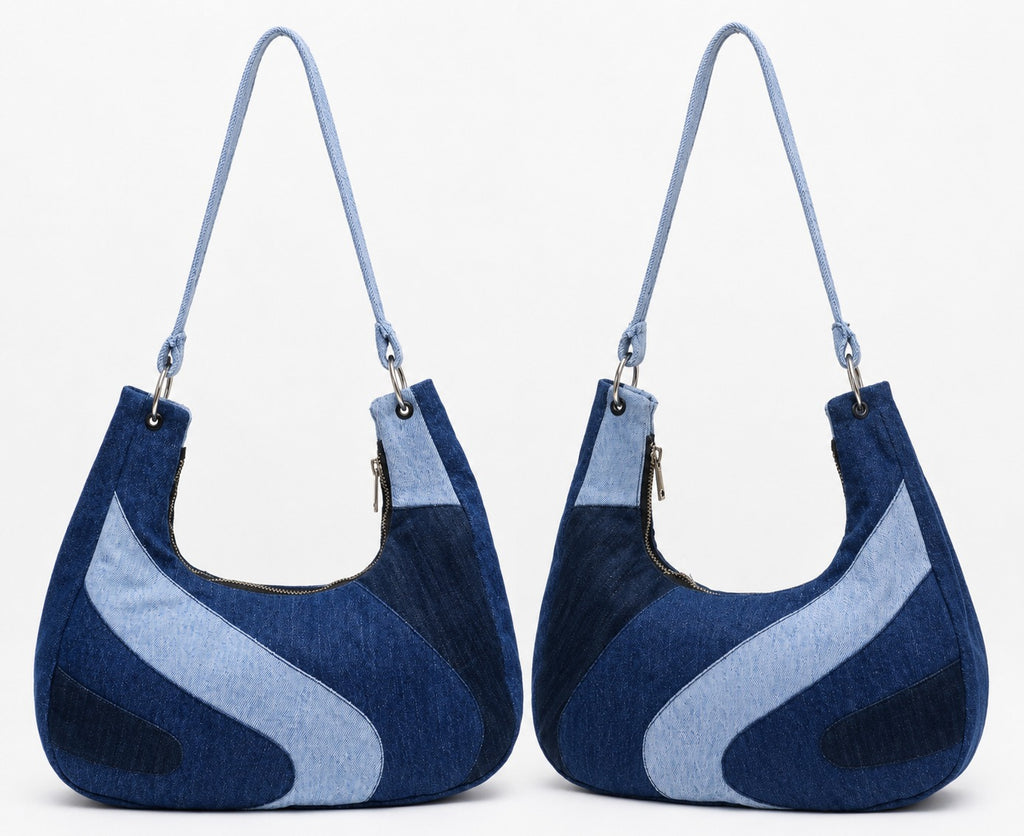 CR1842 UPCYCLED CURVED PANEL DENIM SHOULDER BAG
