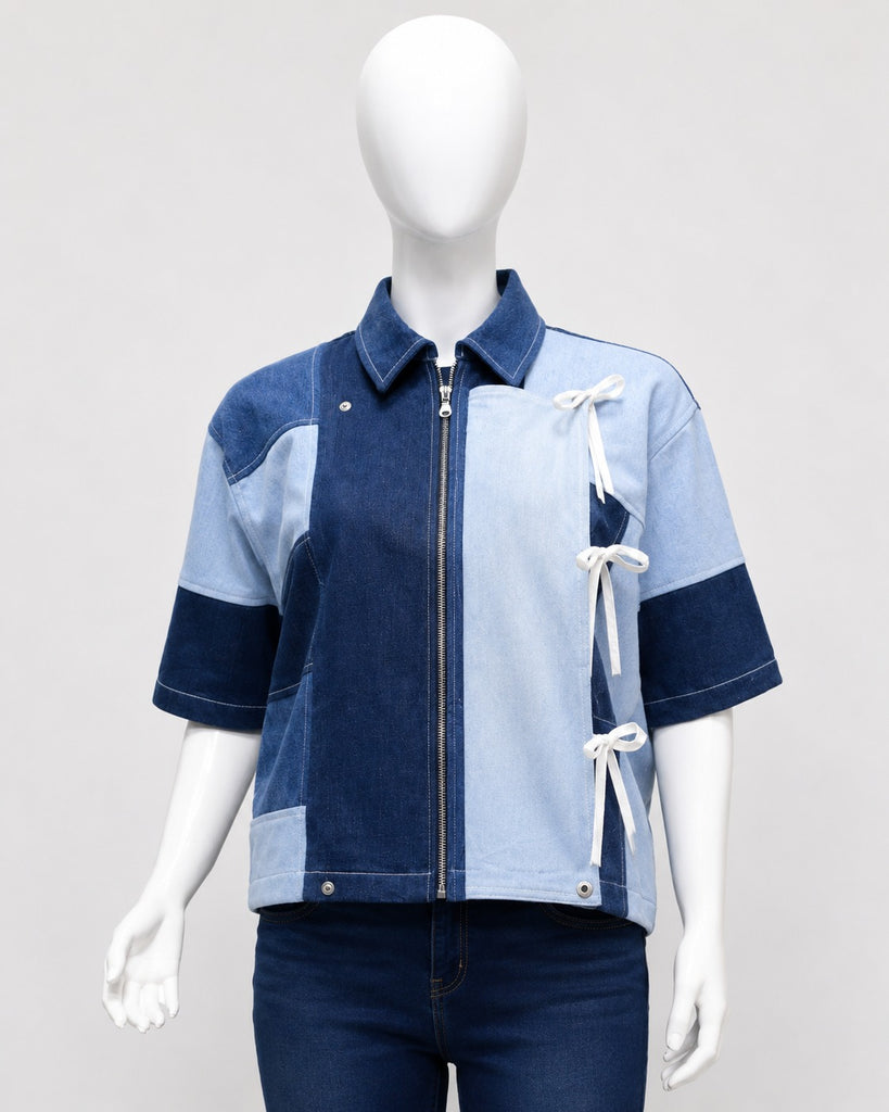 CR1832 UPCYCLED PATCHWORK BOW DENIM SHIRT