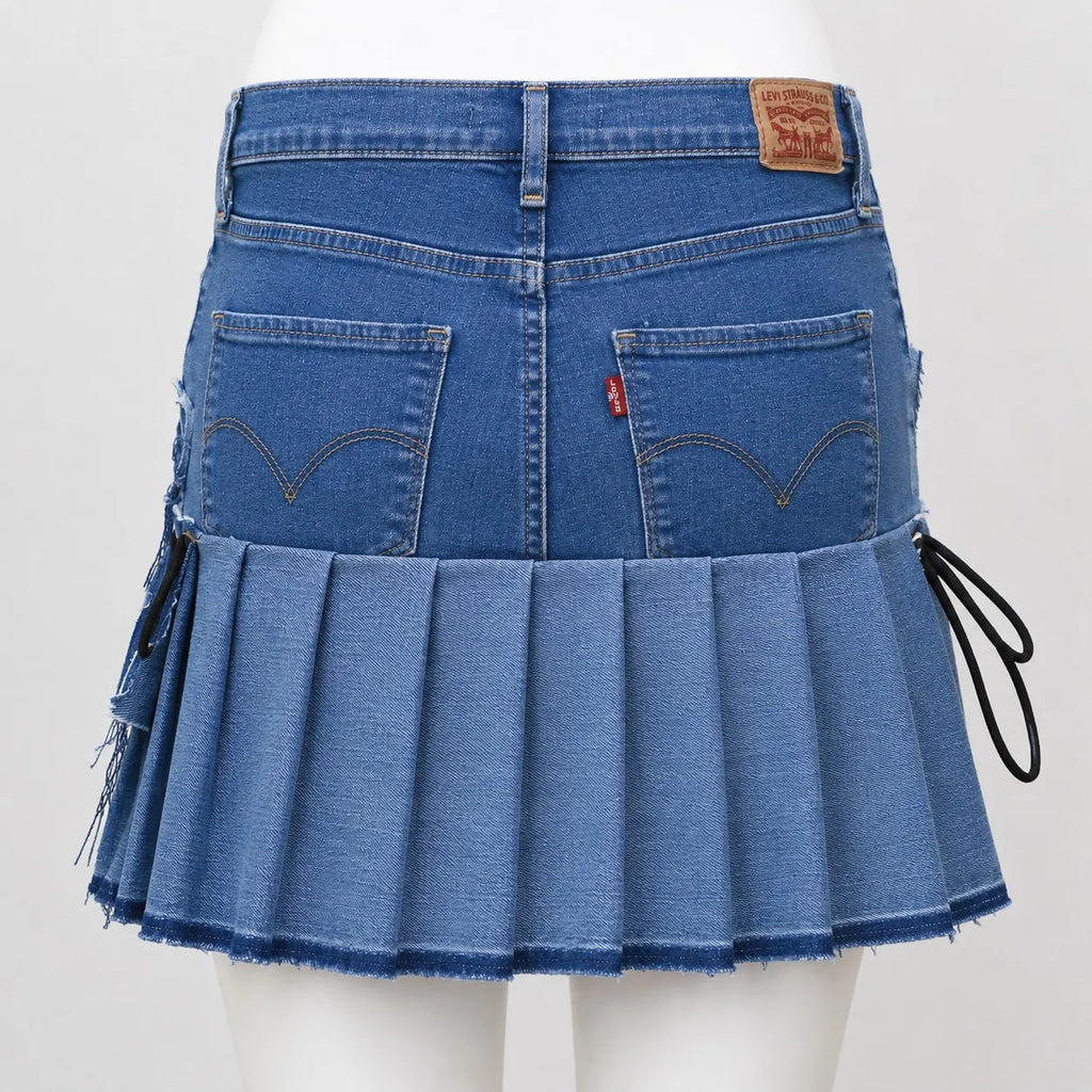 CR1623 UPCYCLED DENIM PLEATED MINI SKIRT