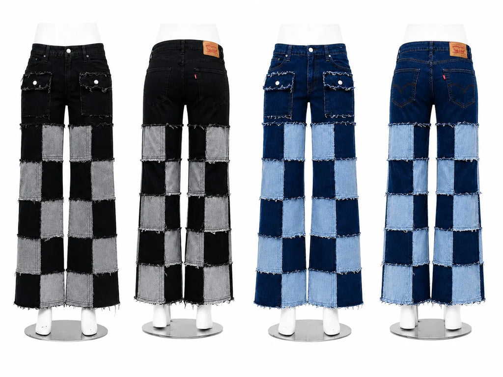 CR1585 Upcycled Checker Patchwork Jeans